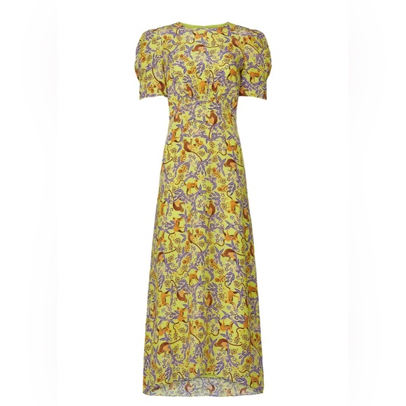 Saloni Women's 100% Silk Citron Bianca Midi Dress Citrus Monkey Print - Picture 7 of 8